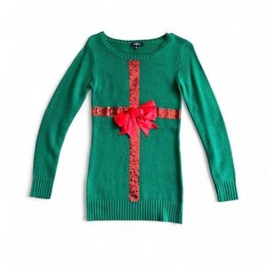 Ransom Festive Green Sequin Present Sweater with 3D Red Bow - XS
